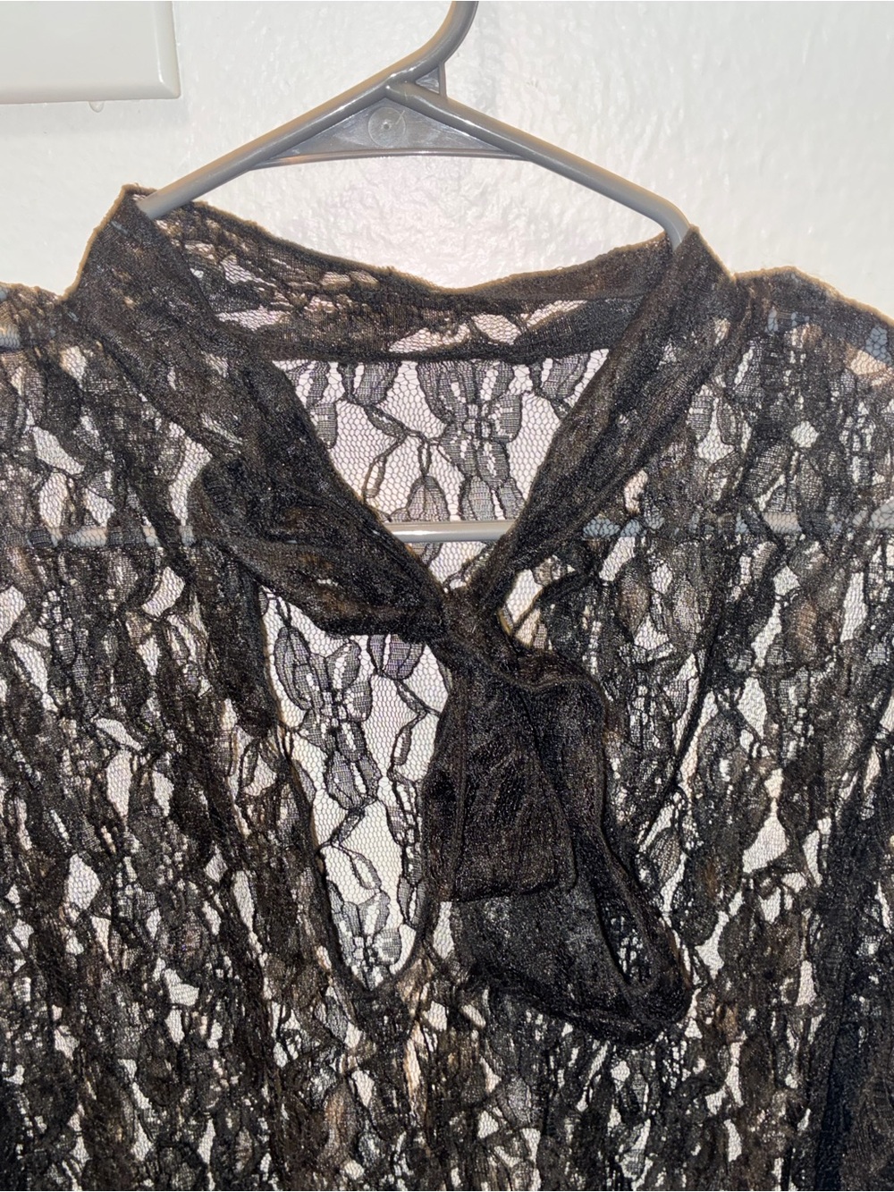 Sheer Black Lace Tie-Neck Top